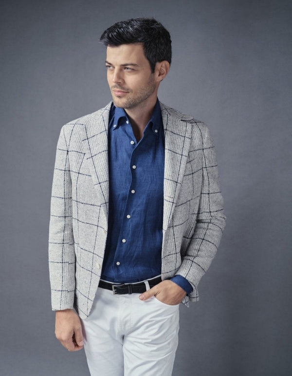 LUXURY EXCLUSIVE PLAID LINEN BLEND JACKET