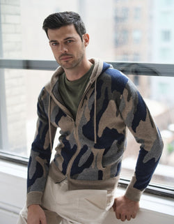 100% CASHMERE EXCLUSIVE CAMO HOODIE ZIPUP